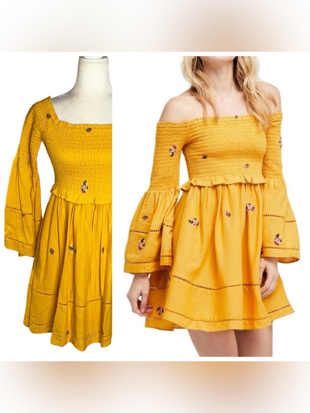 Free People Counting Daisies Dress Yellow Embroidered Smocked Mini-Dress XS